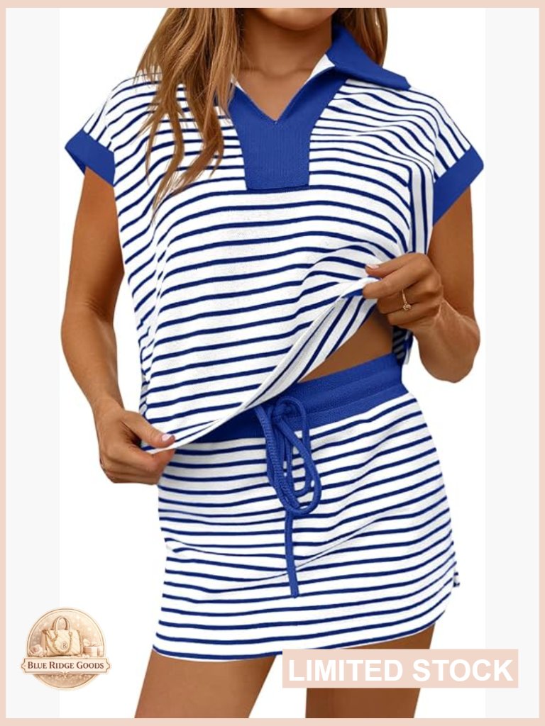 Striped 2 Piece Outfit Casual Sweatshirt Skirt Set Short Sleeve Skort Workout